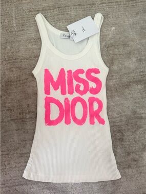 Dior White Ribbed Tank with Pink MISS DIOR Graphic